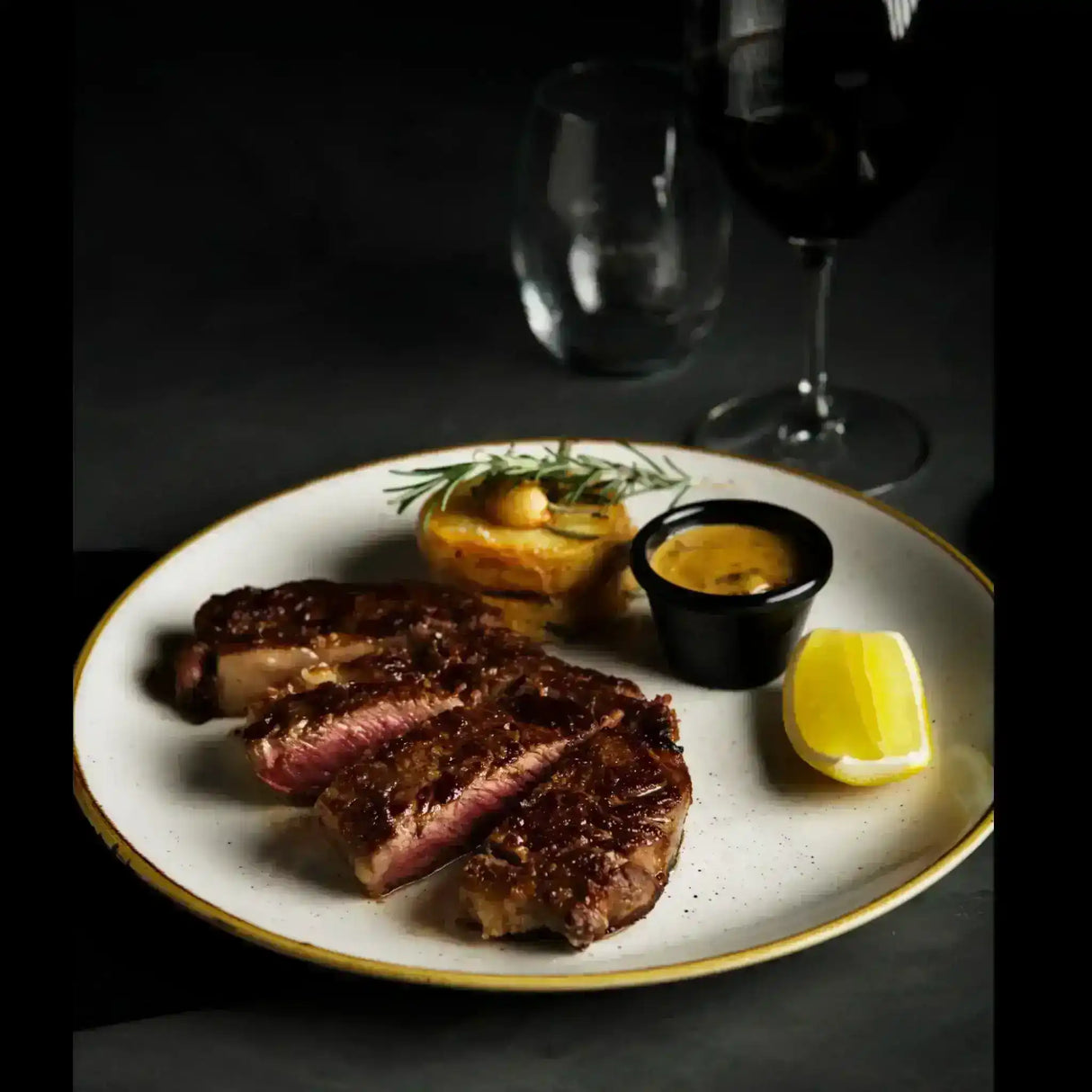 Grilled Australian beef steak slices with potato, dipping sauce, and lemon wedge on a plate