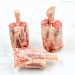 Three raw Stanbroke Veradilla beef short ribs, tied and ready for roasting, Peter Augustus