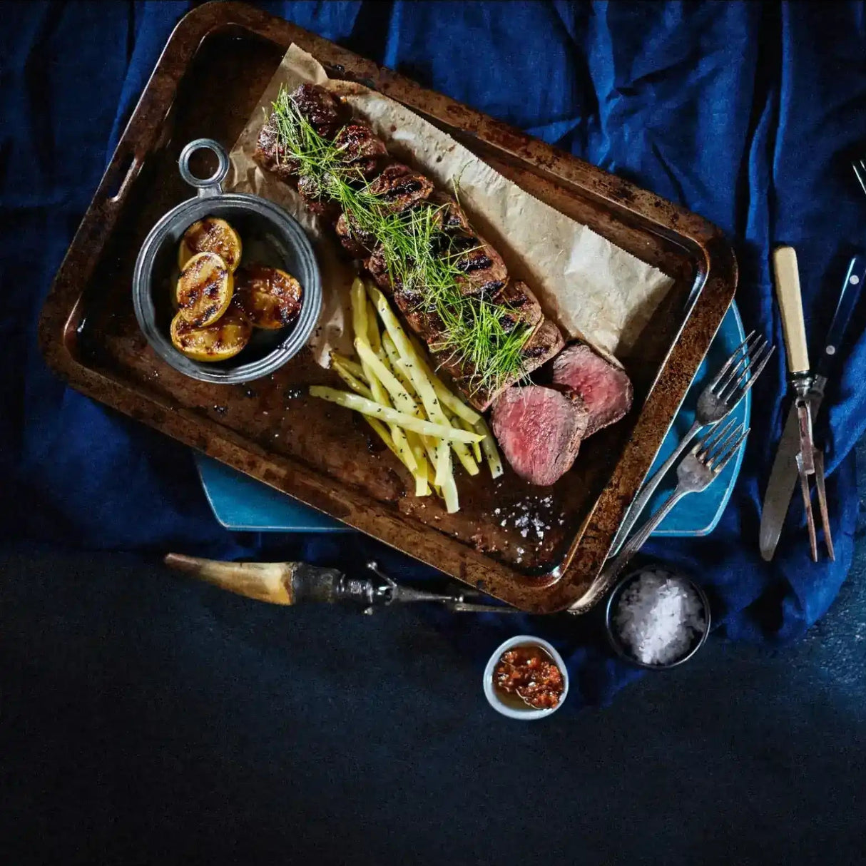 Sliced Australian beef steak with herbs, gourmet potatoes, French beans, Peter Augustus
