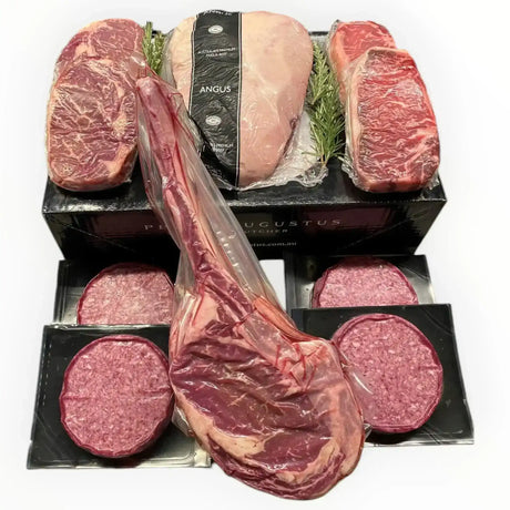 Peter Augustus Angus Selection Box featuring premium Australian beef steaks, burgers, and Tomahawk cut