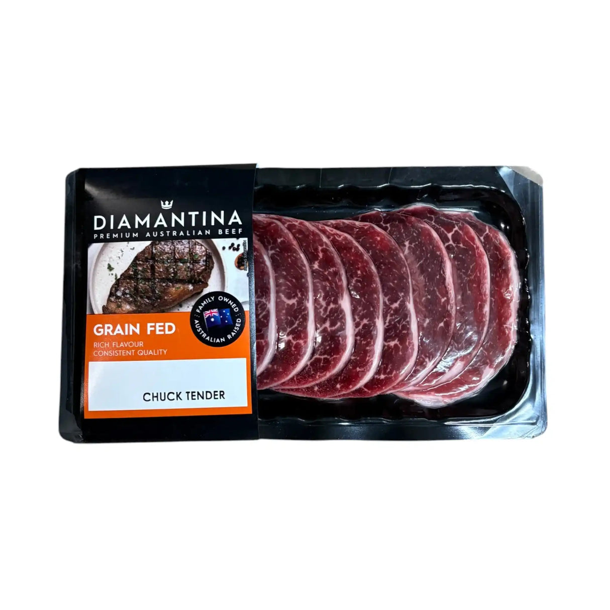 Diamantina grain-fed Australian chuck tender beef slices, premium marbled cuts for rich flavor