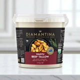 2kg bucket of Diamantina Wagyu beef tallow on a marble countertop, kitchen background