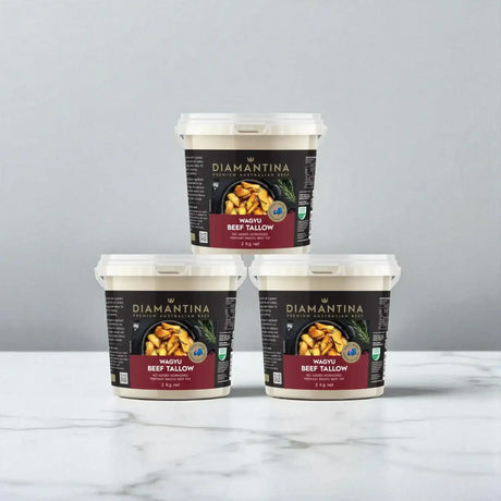 Diamantina Wagyu beef tallow 2kg tubs stacked, premium Australian beef product