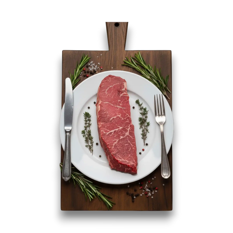 Fresh marbled beef steak on white plate with rosemary, thyme, salt, pepper, knife, fork, wooden board