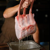 Butcher holding premium Australian beef Tomahawk rib rack above tray, Peter Augustus Craft Butcher