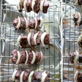 Australian beef kebabs with onions on skewers grilling, Peter Augustus Craft Butcher