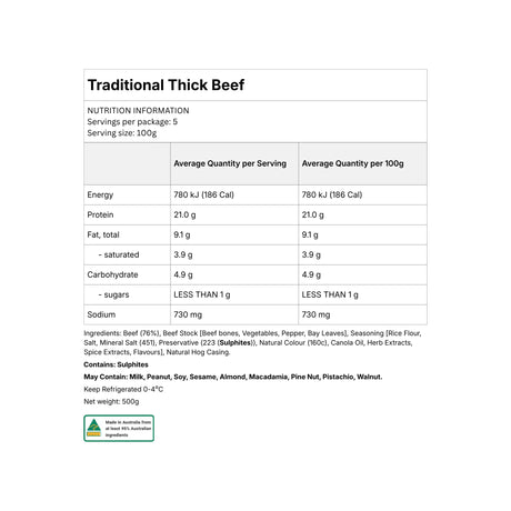 Traditional Thick Beef Sausage nutrition information panel